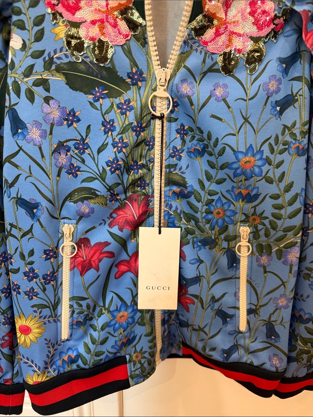 Gucci Light Blue Floral Appliqué Bomber Jacket - Picture 9 of 14